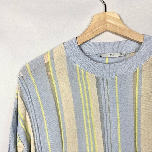 Mango MNG Light Blue Yellow Stripe Short Sleeve Knit Top XS - Picture 3 of 4